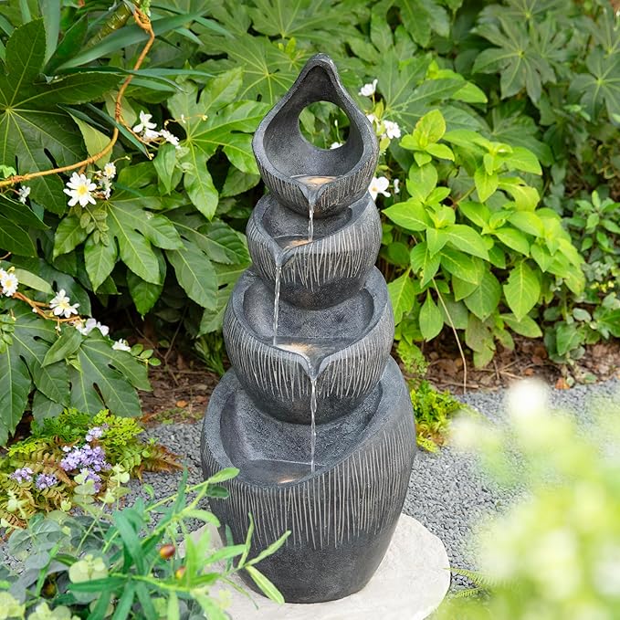 Glitzhome Outdoor Fountain with Lights & Pump, 34" H 4-Tiered Cascading Zen-Style Water Fountain Outdoor, Alms Bowl Polyresin Waterfall Water Feature for Garden, Patio, Yard, Deck Decor