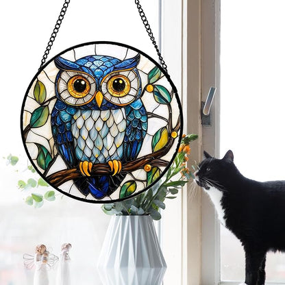 DASTOLL Stained Glass Window Hanging, Owl Gifts for Women Sun Catchers Diamond Glass Panel Hangings Birds Suncatcher Decor for Birthday for Women, Men, Wife, Aunt, and Mom 14.9x14.9 in