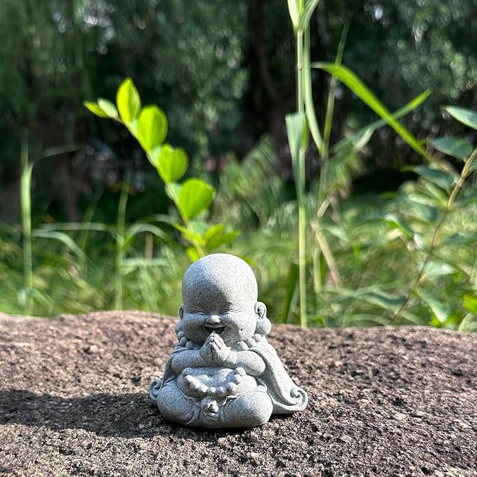 Mini Zen Prayer Buddha Statue, Tiny Sandstone Figurine for Garden Shelf | Mini monk figurine in prayer pose. Perfect for garden, fish tank, desk, or home decor. Symbol of devotion and inner peace