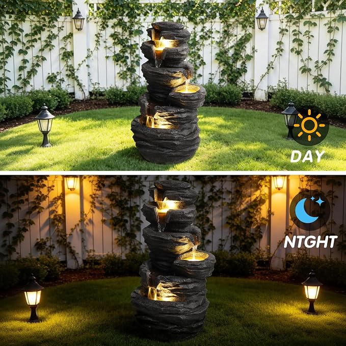25.6" Outdoor Rock Water Fountain, Garden Water Feature, Outdoor Fountain with LED Lights, Multi Tier Cascading freestanding Water Fountain, Suitable for Patio Yard Porch Landscape, Black