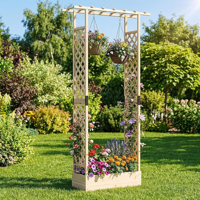 Giantex Wooden Raised Garden Bed with Trellis & Hanging Roof, Fir Wood Planter Box, 89” Freestanding Elevated Garden Bed for Outdoor Climbing Plants Vegetables Flowers, Patio & Balcony, Natural