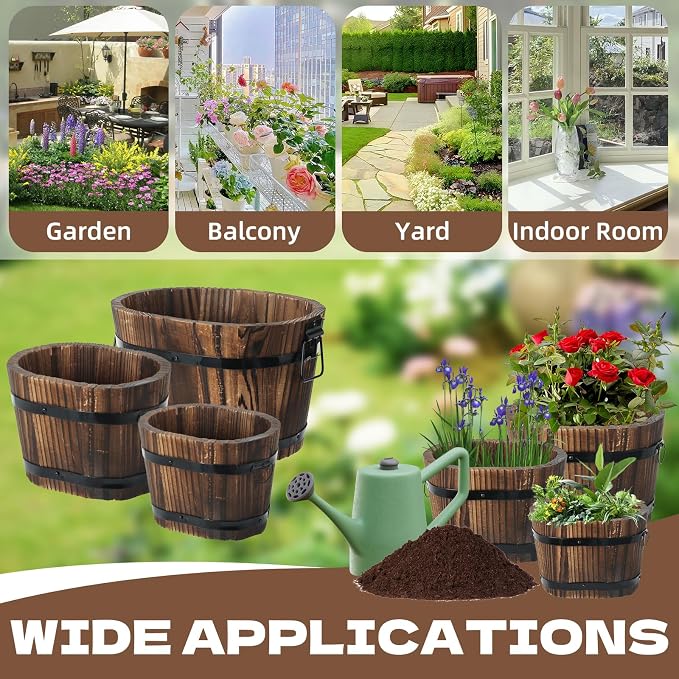 3 Pcs Wooden Whiskey Barrel Planters, Wooden Flower Planters Pots Boxes with Metal Handles 3 Sizes Planting Wood Buckets Tree Pot for Indoor Outdoor Garden Home Plants