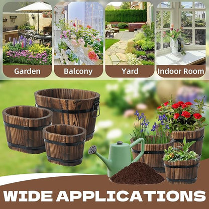 3 Pcs Wooden Whiskey Barrel Planters, Wooden Flower Planters Pots Boxes with Metal Handles 3 Sizes Planting Wood Buckets Tree Pot for Indoor Outdoor Garden Home Plants