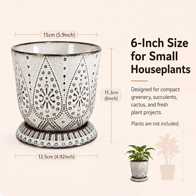 Gepege 6 Inch Beaded Ceramic Planter Set of 2 with Drainage Hole and Saucer for Plants, Indoor-Outdoor Large Round Succulent Orchid Flower Pot (Smoked Gray, Inner-pots not Larger Than 5 Inch)