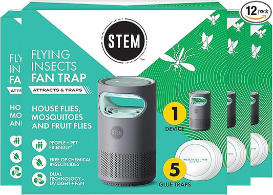 STEM Flying Insect Fan Trap for Indoor Bug Control, Attracts Mosquitoes, Fruit Flies, and House Flies, Plug-in Fan with UV Light, Starter Kit Includes 2 Device and 10 Glue Traps