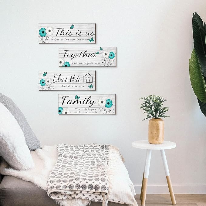 4 Pcs White Farmhouse Wall Decor with Teal Butterflies & Daisies, Rustic Wooden Signs Set, Floral Wall Art for Living Room Bedroom, Housewarming Gift, 4.7" x 13.8"