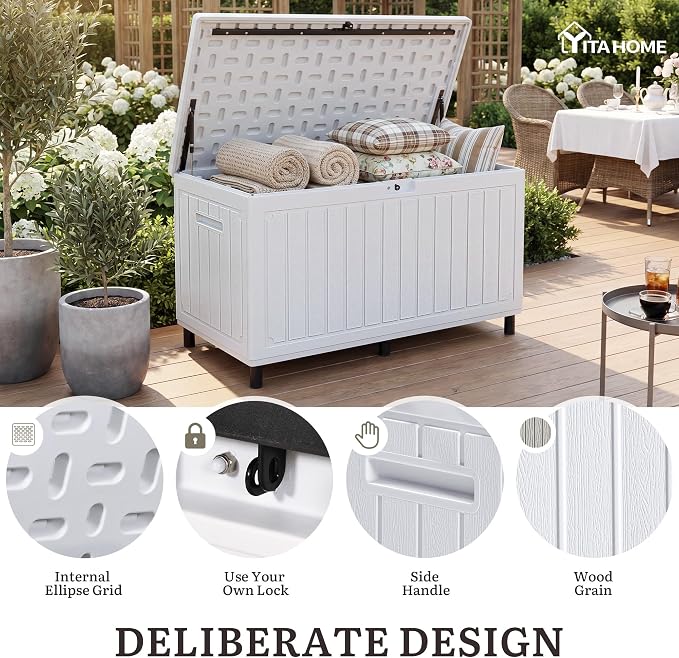 YITAHOME 90 Gallon Outdoor Storage Box with 6 Heavy-Duty Metal Legs & | Large Double-Wall Resin Deck Box, Lockable Waterproof Patio Organizer for Furniture, Cushions, White