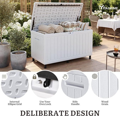 YITAHOME 90 Gallon Outdoor Storage Box with 6 Heavy-Duty Metal Legs & | Large Double-Wall Resin Deck Box, Lockable Waterproof Patio Organizer for Furniture, Cushions, White