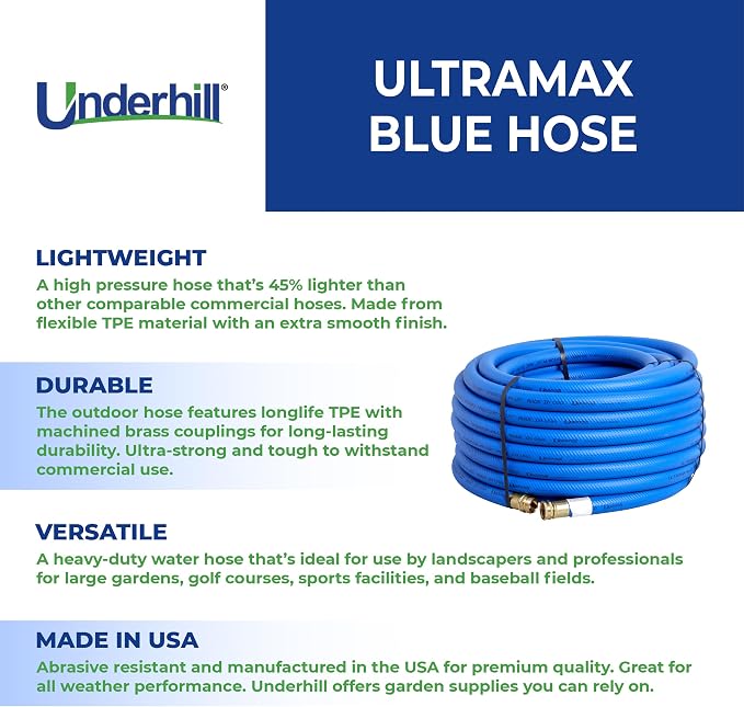 Underhill UltraMax Commercial Garden Water Hose 50 ft, Lightweight, Flexible, Anti-Kink, All Weather, 1200 psi, H75-050B, 3/4 Inch x 50 ft, Blue
