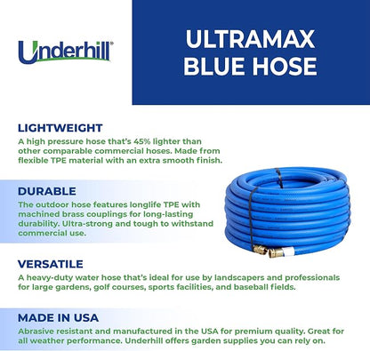 Underhill UltraMax Commercial Garden Water Hose 50 ft, Lightweight, Flexible, Anti-Kink, All Weather, 1200 psi, H75-050B, 3/4 Inch x 50 ft, Blue