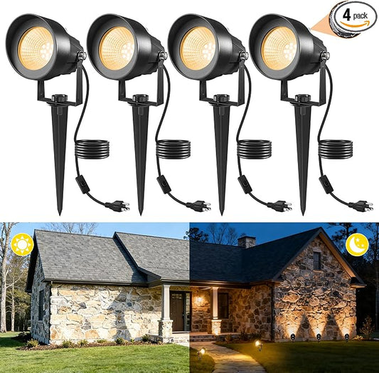 Landscape Spot Lights Outdoor, Dusk to Dawn Outdoor Lighting with IP65 Waterproof, Auto On/Off 3000K Warm White Plug in Spotlight for Yard Tree Wall Pathway Flag Pole House, 4 Pack