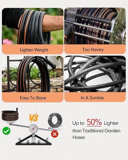 30 FT Heavy Duty Garden Hose 5/8 Inch - Non-Expandable Hybrid Rubber Water Hose, Flexible All-Weather Leakproof Yard Hose with Solid Fittings for Lawn, Car Washing & Patio Cleaning (Black/Orange)