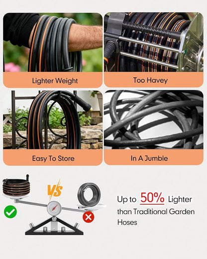 100 FT Heavy Duty Garden Hose 5/8 Inch - Non-Expandable Hybrid Rubber Water Hose, Flexible All-Weather Leakproof Yard Hose with Solid Fittings for Lawn, Car Washing & Patio Cleaning (Black/Orange)