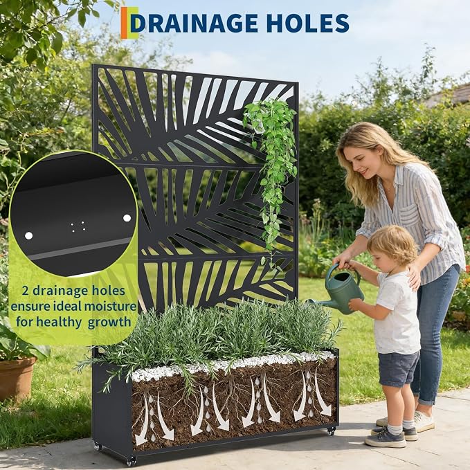 GarveeLife Metal Planter Box with Trellis and Wheels, 71"x47"x16" Raised Garden Bed for Climbing Plants, Vegetables, Vines, Privacy Planters for Patio with Drainage Holes, 15.7" Deep Planting Bed
