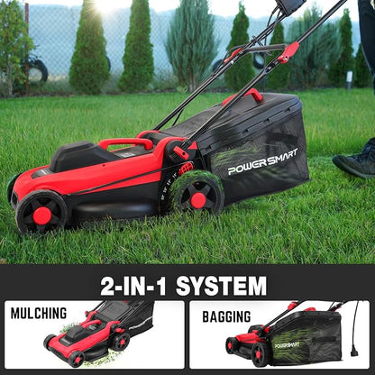 PowerSmart Corded Electric Lawn Mower, 14 Inch, 12.5 Amp, Ergonomic Handle | Large Capacity Grass Catcher, Reliable Motor, 6-Position Height Adjustment, 2-in-1 Mulch & Bag