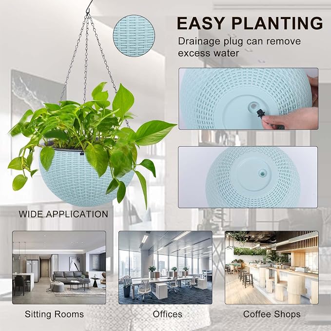 Vencer 11 Inch Round Resin Rattan Hanging Planters,Light Blue,VF-A15-B | Self Watering,Drain Hole,Metal Chain,Water Indicator,Indoor Outdoor