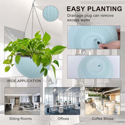 Vencer 11 Inch Round Resin Rattan Hanging Planters,Light Blue,VF-A15-B | Self Watering,Drain Hole,Metal Chain,Water Indicator,Indoor Outdoor