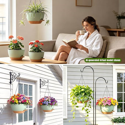 8 Inch Self Watering Hanging Planters Set of 3 with Saucers | Set of 3 8-inch self-watering hanging planters with side-fill watering ports, chain hangers & snap-on saucers