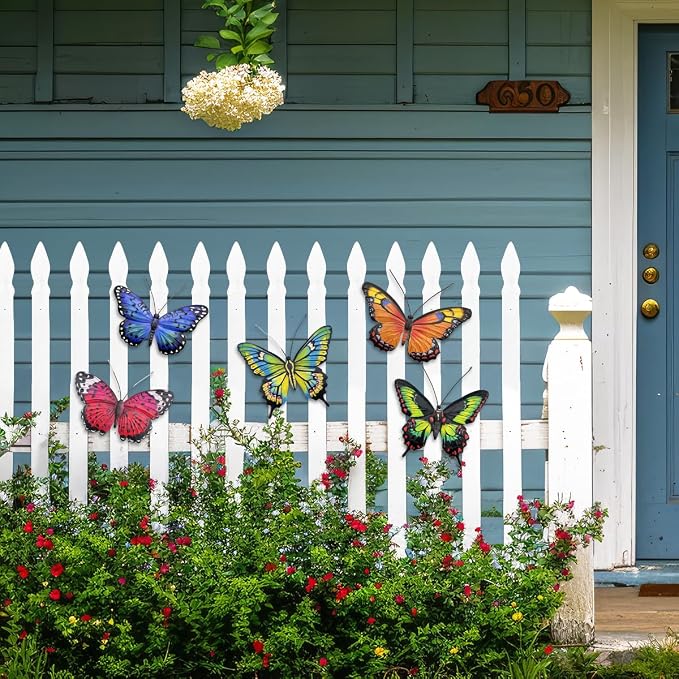EOORAU Metal Butterfly Wall Decor - 5 Pcs 3D Lifelike Metal Butterflies Outdoor Wall Art Sculpture Hanging Decorations for Outside Fence Yard Patio Garden Exterior Decorations