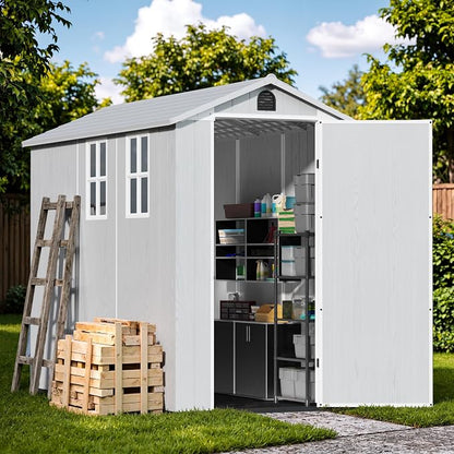 Devoko 4×8 FT Resin Storage Shed with Floor, Garden Plastic Outdoor Shed with Window and Lockable Door, Waterproof Outside Tool shed for Backyard Patio, Light Grey