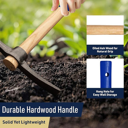 16” Hand Pick Axe - Forged Steel Pickaxe for Digging, Loosening Soil, or Weeding Tool - Dual Headed Adze Garden Hoe and Pick Mattock Digging Tool with Wood Handle by Kings County Tools