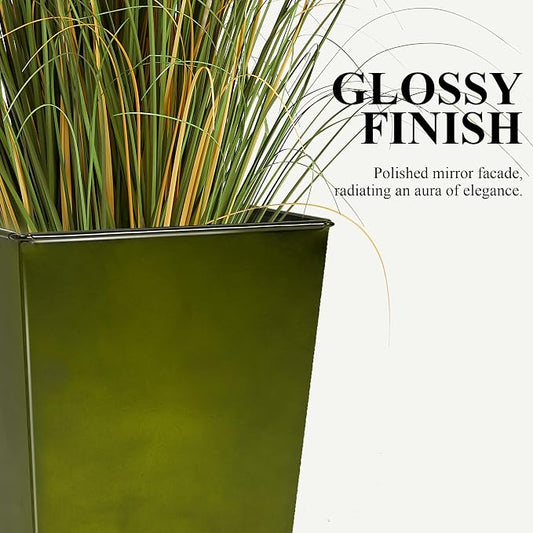 Worth Garden 28" Large Metal Glazed Planter Set of 2, Luxurious Glossy Finish Green Tall Square Tapered Steel Plant Pots, Decor Flower Pot Indoor & Outdoor, Drainage Hole & Dual-Purpose Plant Saucer