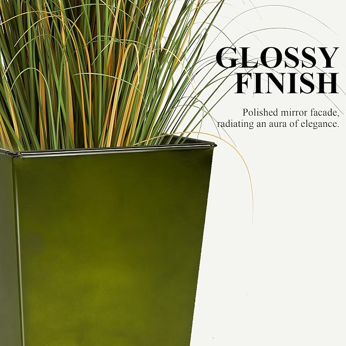 Worth Garden 25" Large Metal Glazed Planter Set of 2, Luxurious Glossy Finish Green Tall Square Tapered Steel Plant Pots, Decor Flower Pot Indoor & Outdoor, Drainage Hole & Dual-Purpose Plant Saucer