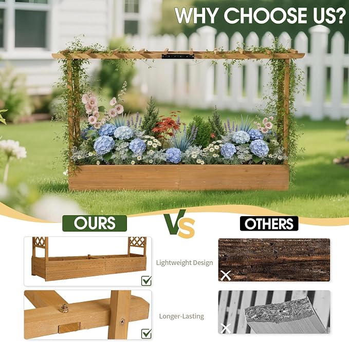 VINGLI Raised Garden Bed with Trellis & Hanging Roof, Wooden Planter Box with Drainage Holes for Outdoor Climbing Plants Vegetables Flowers, Patio Yard Balcony (Natural, Longer)