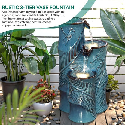 Autodaya Ceramic Outdoor Water Fountain with Lights, Turquoise Bamboo-Style | 3-Tier Cascading Waterfall, Natural Water Feature with Tropical Leaf, Dragonfly Texture, Soothing Oasis for Garden Patio Yard