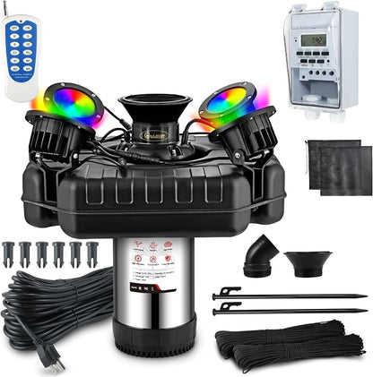 Goldlife Pond Fountain Aerator, F3 With 4 RGB Lights, 1HP 750W 110V Stainless Steel Floating Fountain With 100FT Power Cord Black Octagon Aerating Fountain Pump for Small Large Pond Lake