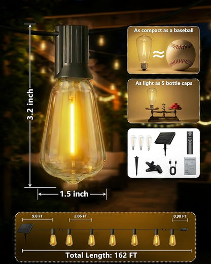Solar String Lights Waterproof, 162FT(72+3) ST38 Outdoor Lights with Remote, Dimmable, Timer, 3 Light Modes, USB & Solar Patio Lights for Backyard, Yard, Garden, Gazebo, Fence (2700K)