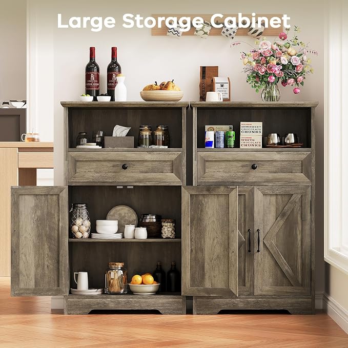 Floor Cabinet, Farmhouse Storage Cabinet with Barn Doors and Drawer, 11.81" D x 23.62" W x 39.37" H Grey Freestanding Adjustable Shelf Organizer for Bathroom, Kitchen, Living Room
