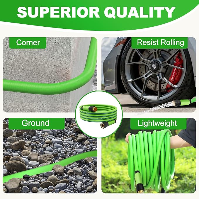 YOTOO Heavy Duty Hybrid Garden Water Hose 5/8-Inch by 75-Feet 150 PSI Kink Resistant, Flexible with Swivel Grip Handle and 3/4" GHT Solid Brass Fittings, Green+Blue
