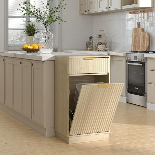 Ball & Cast 10-Gallon Tilt Out Trash Can Cabinet with Hideaway Drawer, Wooden Freestanding Garbage & Recycling Cabinet, Wave-Textured Pull-Out Bin for Kitchen, Bathroom, Living Room (Natural Oak)