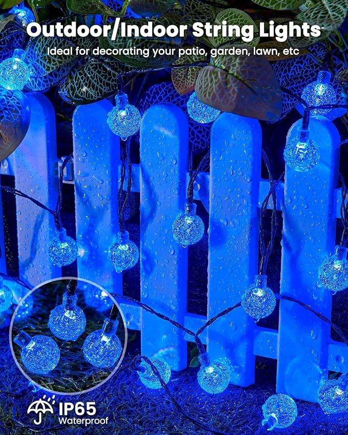 Brightown Solar String Lights Outdoor 60 Led 35.6 Feet Waterproof Solar Powered Patio Lights with 8 Lighting Modes for Garden Yard Porch Wedding Party Decor Halloween (Blue)