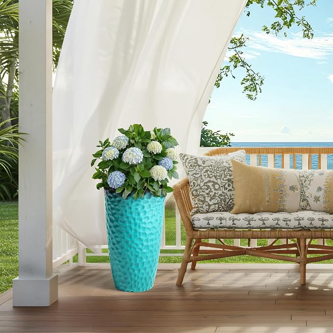 23.75" Turquoise Teal Plastic Tall Planters with Honeycomb Texture | Set of 2 PP tall planters with turquoise teal honeycomb texture, drainage plugs, and UV-treated finish for porch or patio