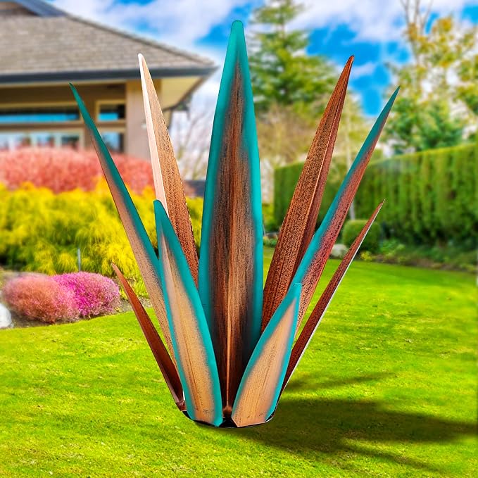 KODIBO Large Tequila Rustic Sculpture, Agave Plants for Outdoor Patio, Home Decor Hand Painted Metal Garden Statue, Lawn Ornaments Yard Stakes (Blue - L)