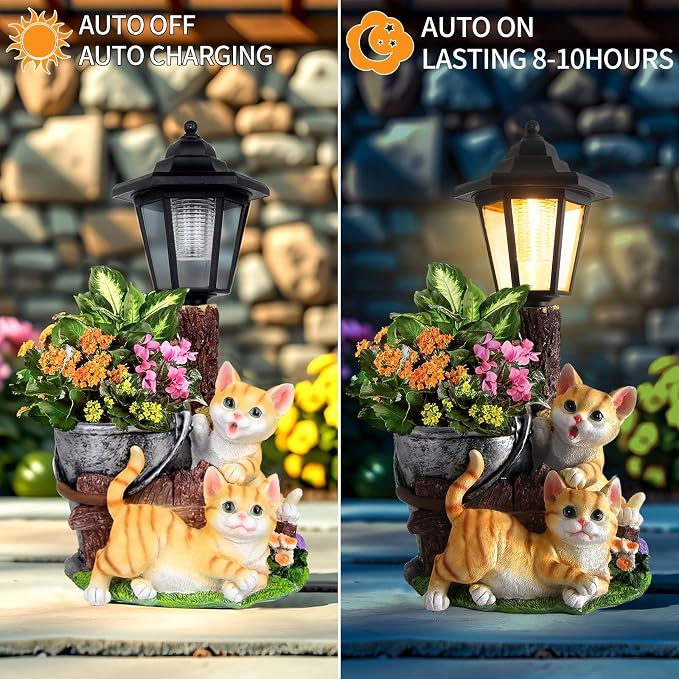 Solar Cat Outdoor Statues, Garden Sculptures with Flowerpot Decor & Solar Lantern for Yard Art Lawn Ornaments Porch Patio Balcony - Idea Gifts for Women Mom Grandma