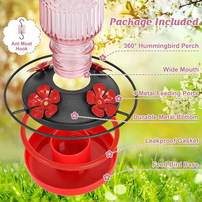 FEED GARDEN Glass Hummingbird Feeder for Outdoors Hanging, 16 OZ Humming Bird Feeders with 4 Bee Guard Feeding Ports & Built-in Ant Moat, Hummingbird Gifts for Mom Bird Feeder for Outside, Pink,2 Pack