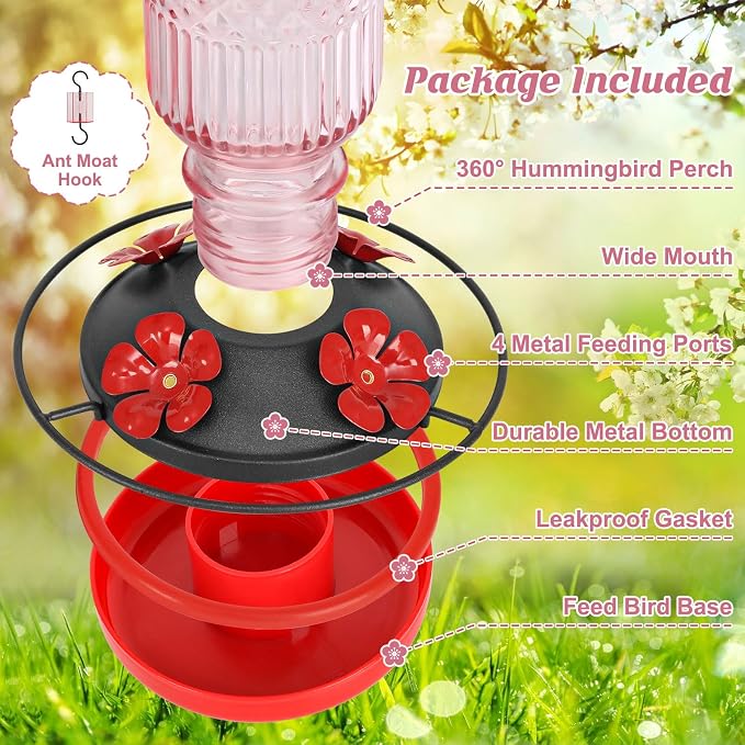FEED GARDEN Glass Hummingbird Feeder for Outdoors Hanging, 16 oz Leak-Proof Nectar Feeder with Bee Guards & Ant Moat, 4 Metal Flower Feeding Ports, 360° Perch Ring, Easy Refill & Clean, Pink