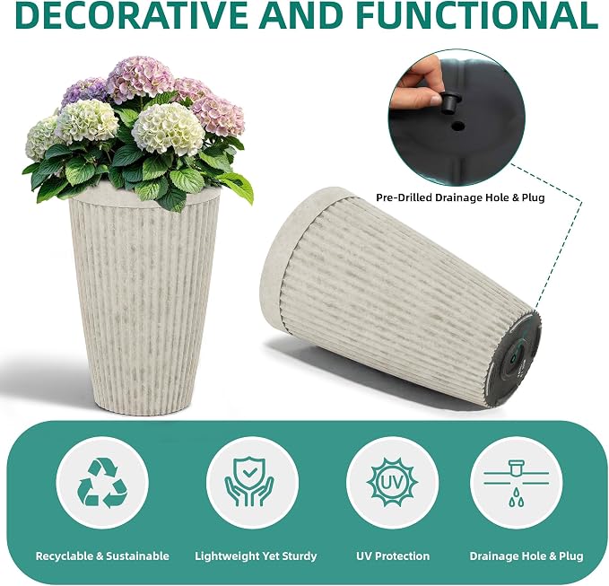 2-Pack 20" Vintage Ivory Resin Tall Planters with Fluted Texture | Set of 2 resin tall planters with fluted texture, drainage plugs, and UV-resistant finish for porch, patio, or garden.