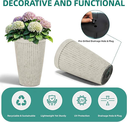 2-Pack 20" Vintage Ivory Resin Tall Planters with Fluted Texture | Set of 2 resin tall planters with fluted texture, drainage plugs, and UV-resistant finish for porch, patio, or garden.