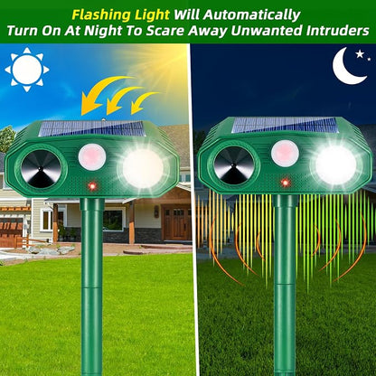 2026 Solar Ultrasonic Animal Repellent, Motion Activated Deer Repellent Devices with Flash Light, Cat Squirrel Rabbit Dog Raccoon Deterrents, Waterproof Sonic Animal Repeller for Yard & Garden 4 Pack