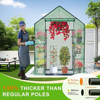 Purlyu Walk-in Greenhouse for Outdoors w/ Mesh Side Windows, 3 Tiers 6 Shelves PE Cover Green House Portable Warm House for Seedling Flowers Growing 20 Pcs T-Type Plant Tags Include (GHW001G)