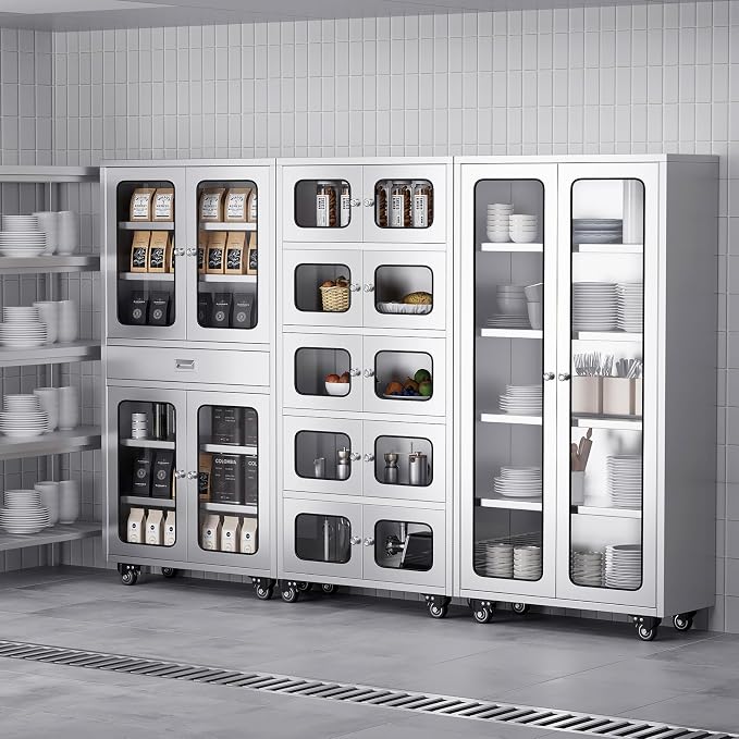 ZZV 68" Full-Assembled Stainless Steel Cabinet with Glass Doors, 5-Tier Rolling Kitchen Pantry Storage Cabinet with Wheels for Garage, Warehouse, Utility Room, Laundry Room, Restaurant, Cafe