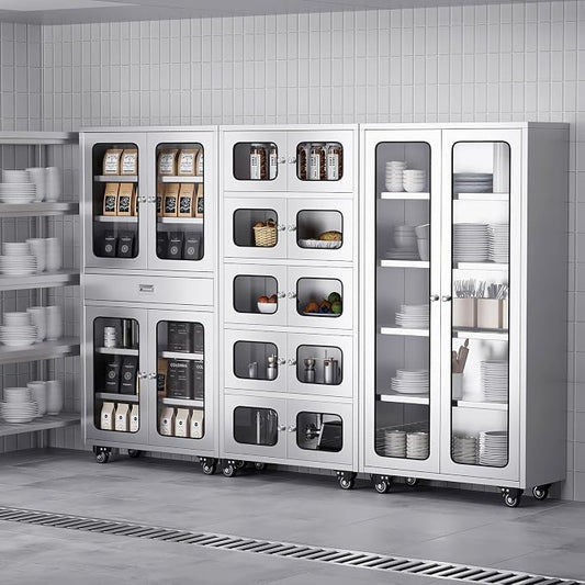 ZZV 68" Full-Assembled Stainless Steel Cabinet with Glass Doors, 5-Tier Rolling Kitchen Pantry Storage Cabinet with Wheels for Garage, Warehouse, Utility Room, Laundry Room, Restaurant, Cafe