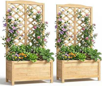 Wooden Raised Garden Bed with Trellis, Freestanding Planter Box with Drainage for Vines Climbing Plants Flowers Herbs, Elevated Gardening Planter for Backyard Balcony Patio