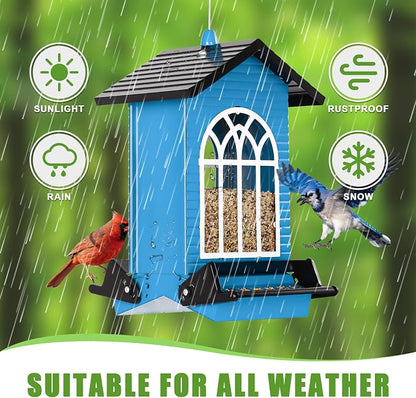 Gbekery Squirrel Proof Bird Feeder for Outdoors,5LB Large Capacity,Metal Wild Bird Seed Feeder with Bilateral Weight-Activated Perches for Outside Hanging,Garden Decoration,Blue