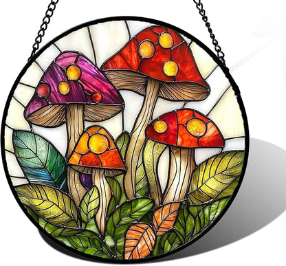 DASTOLL Stained Glass Window Hanging, Mushroom Leaves Suncatcher for Doors Home Sun Catchers Decoration and Christmas, Mother's Day Birthday Gifts for Women, Men, and Mom 6.3 in