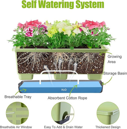 Oliz Window Box Planter 8 Pcs, 17 Inches Rectangle Flower Pots with Drainage Holes & Trays, Vegetable Planters for Windowsill Patio Garden Balcony Home Indoor Outdoor (Light Green, 16 * 7 * 6 inch)